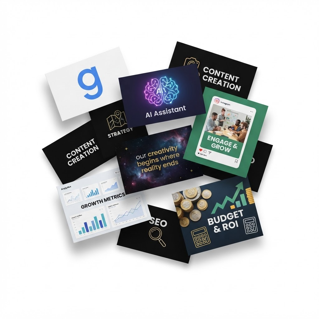 Collage of growth marketing assets, analytics and social posts