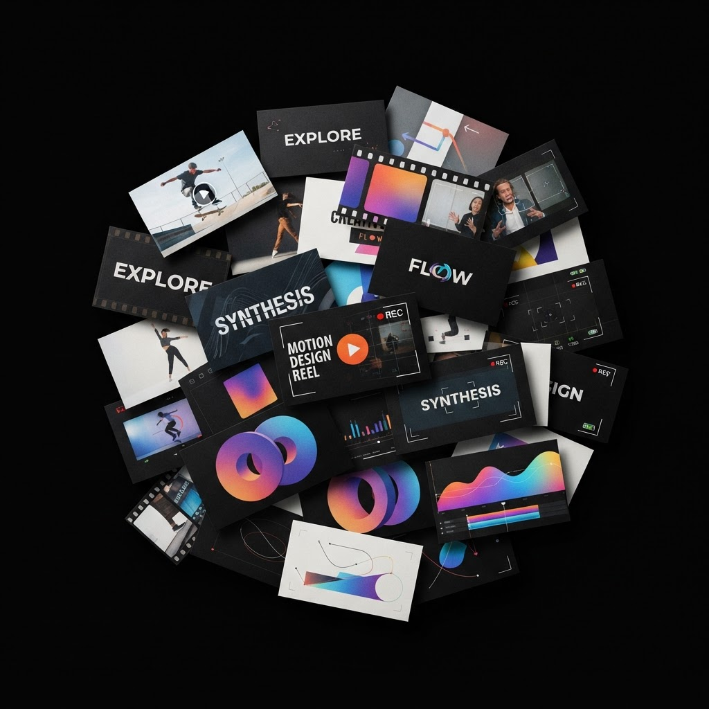Collage of motion design frames and video thumbnails